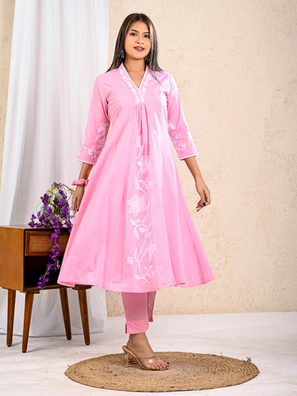 Baby Pink Cotton Embroidered A-line Kurta with Pant and Dupatta