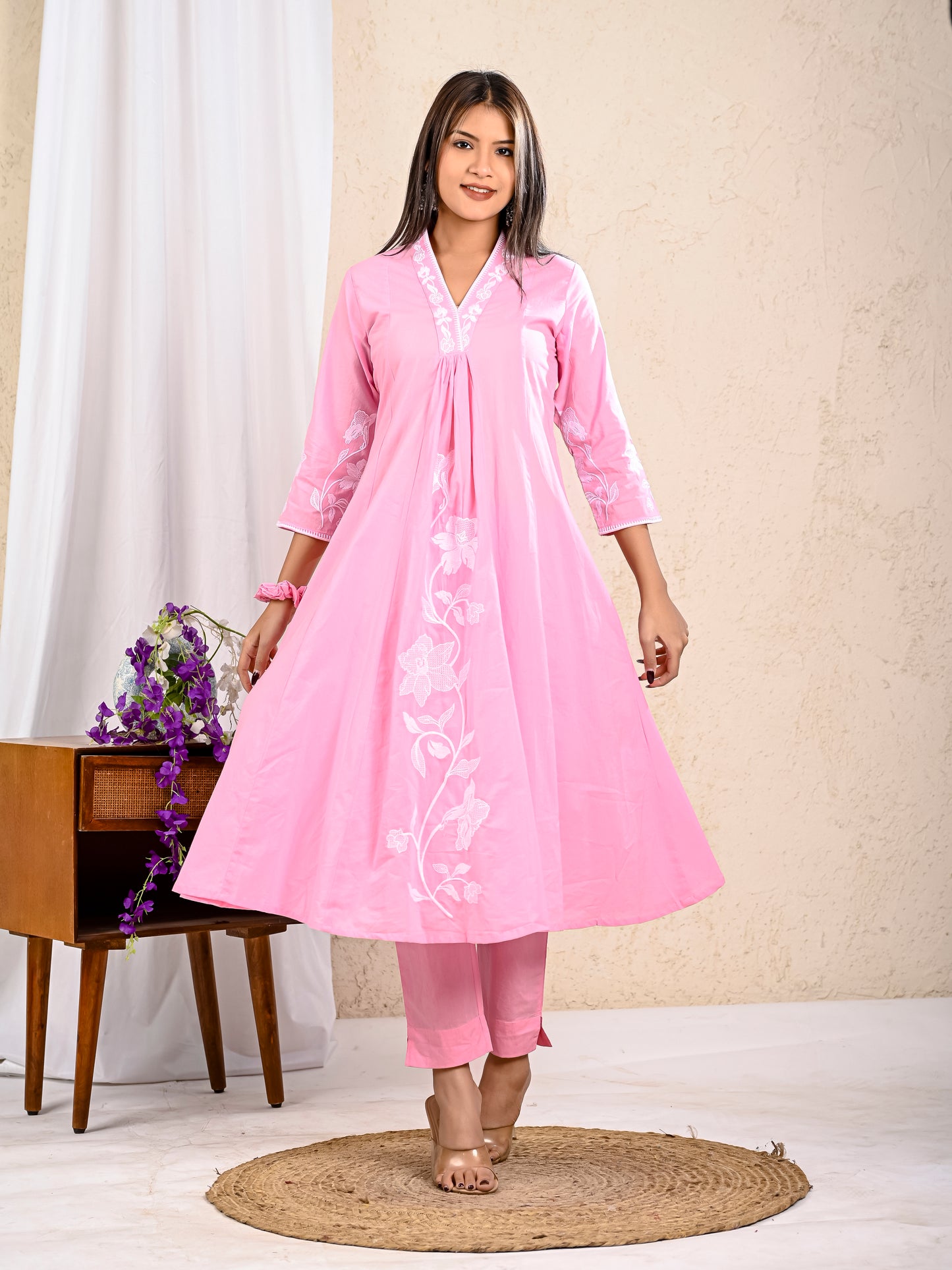 Baby Pink Cotton Embroidered A-line Kurta with Pant and Dupatta
