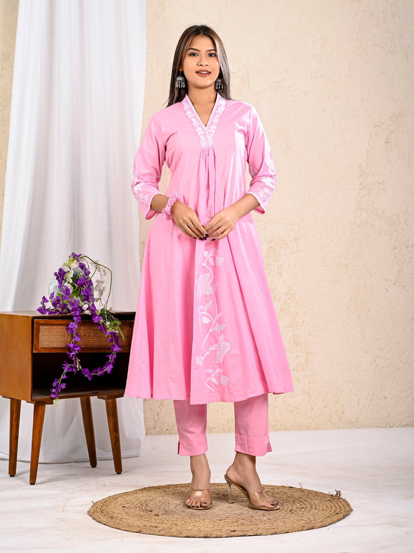 Baby Pink Cotton Embroidered A-line Kurta with Pant and Dupatta