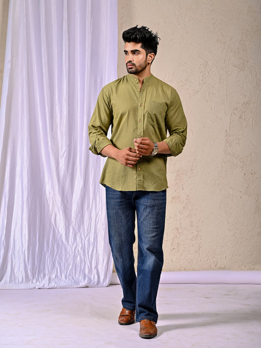 Olive Cotton Linen Regular Fit Casual Shirt (Full Sleeves)