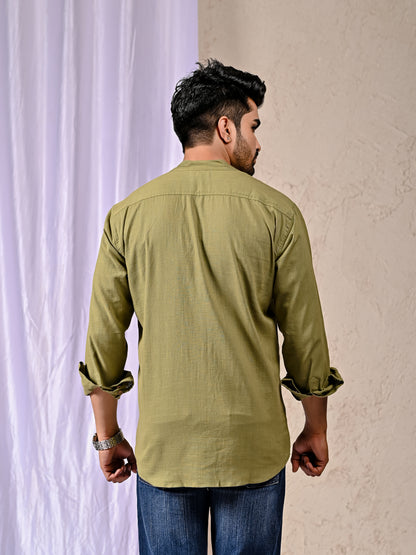 Olive Cotton Linen Regular Fit Casual Shirt (Full Sleeves)