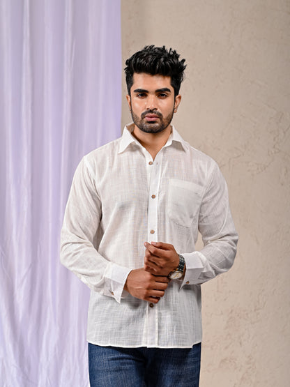 White Cotton Linen Regular Fit Casual Shirt (Full Sleeves)