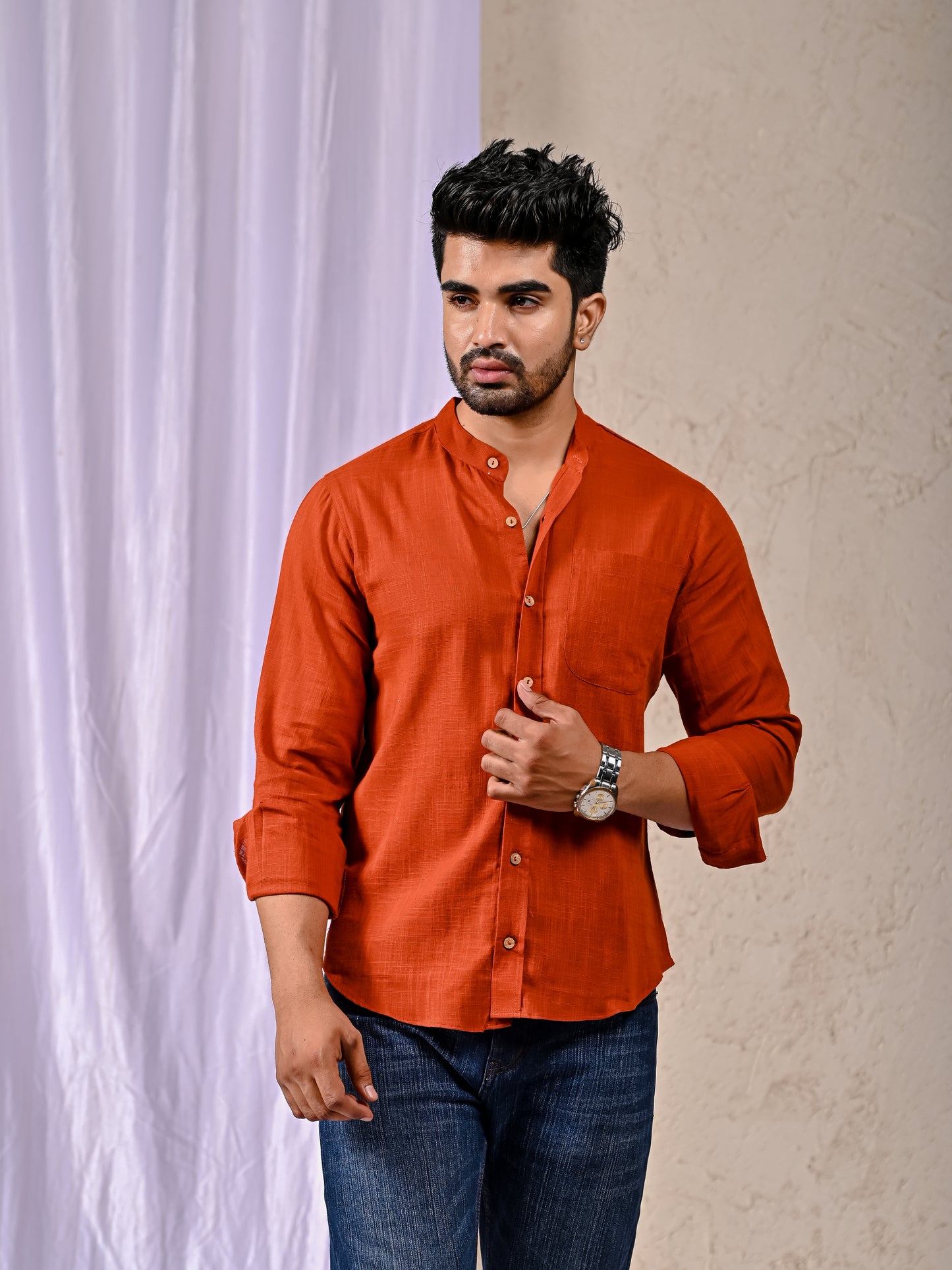 Rust Cotton Linen Regular Fit Casual Shirt (Full Sleeves)