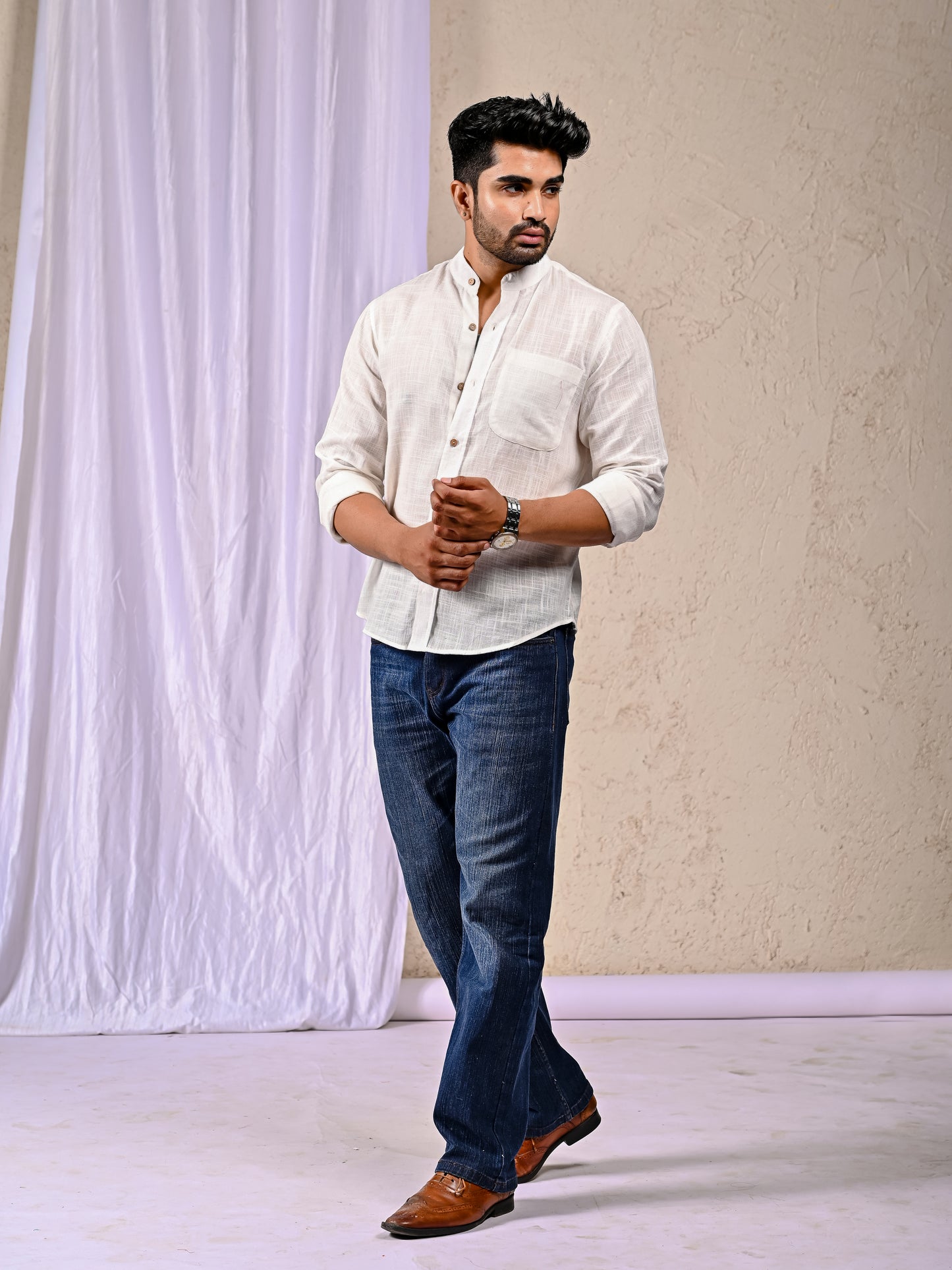 White Cotton Linen Regular Fit Casual Shirt (Full Sleeves)