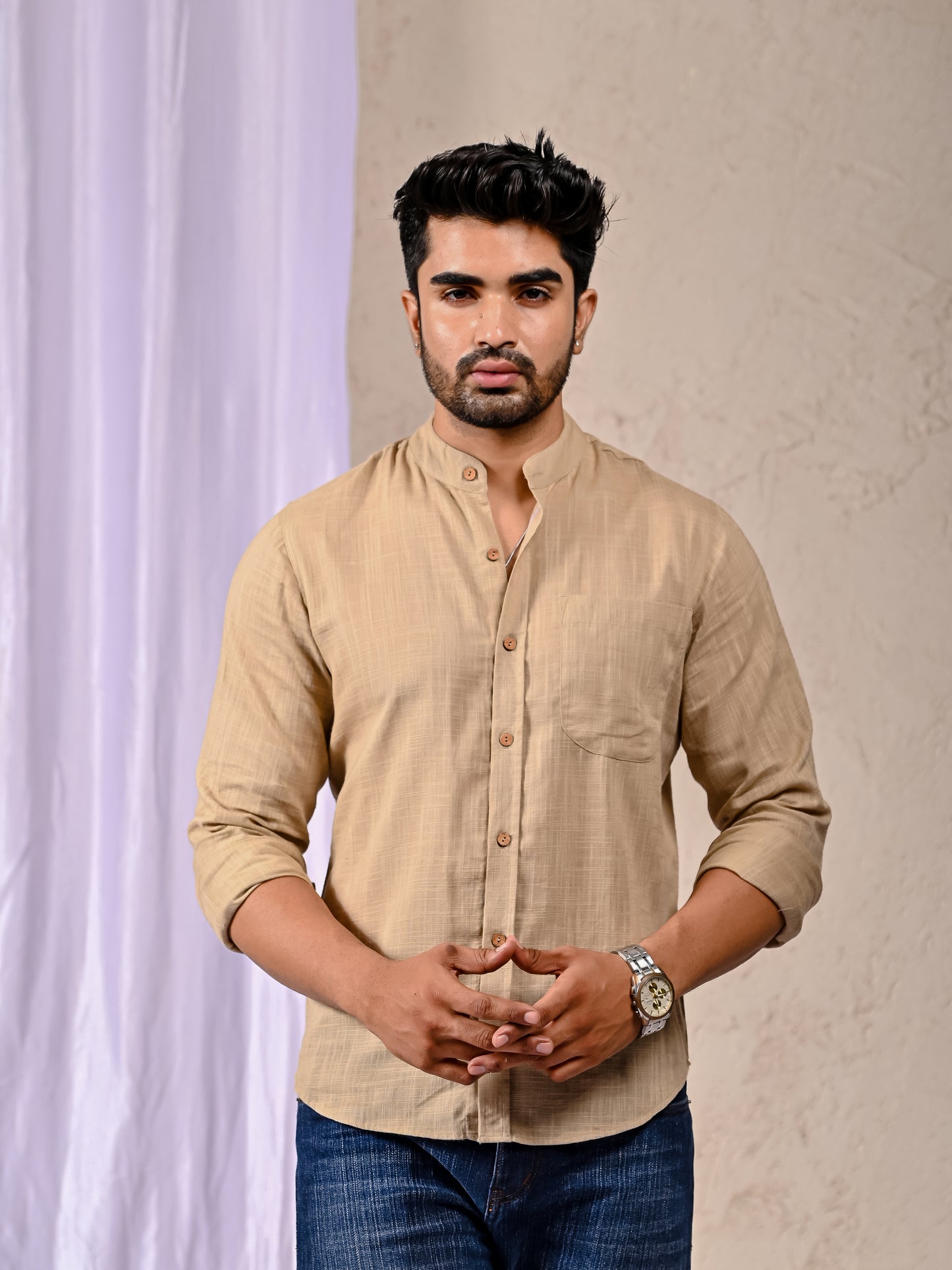 Beige Cotton Linen Regular Fit Casual Shirt (Full Sleeves)