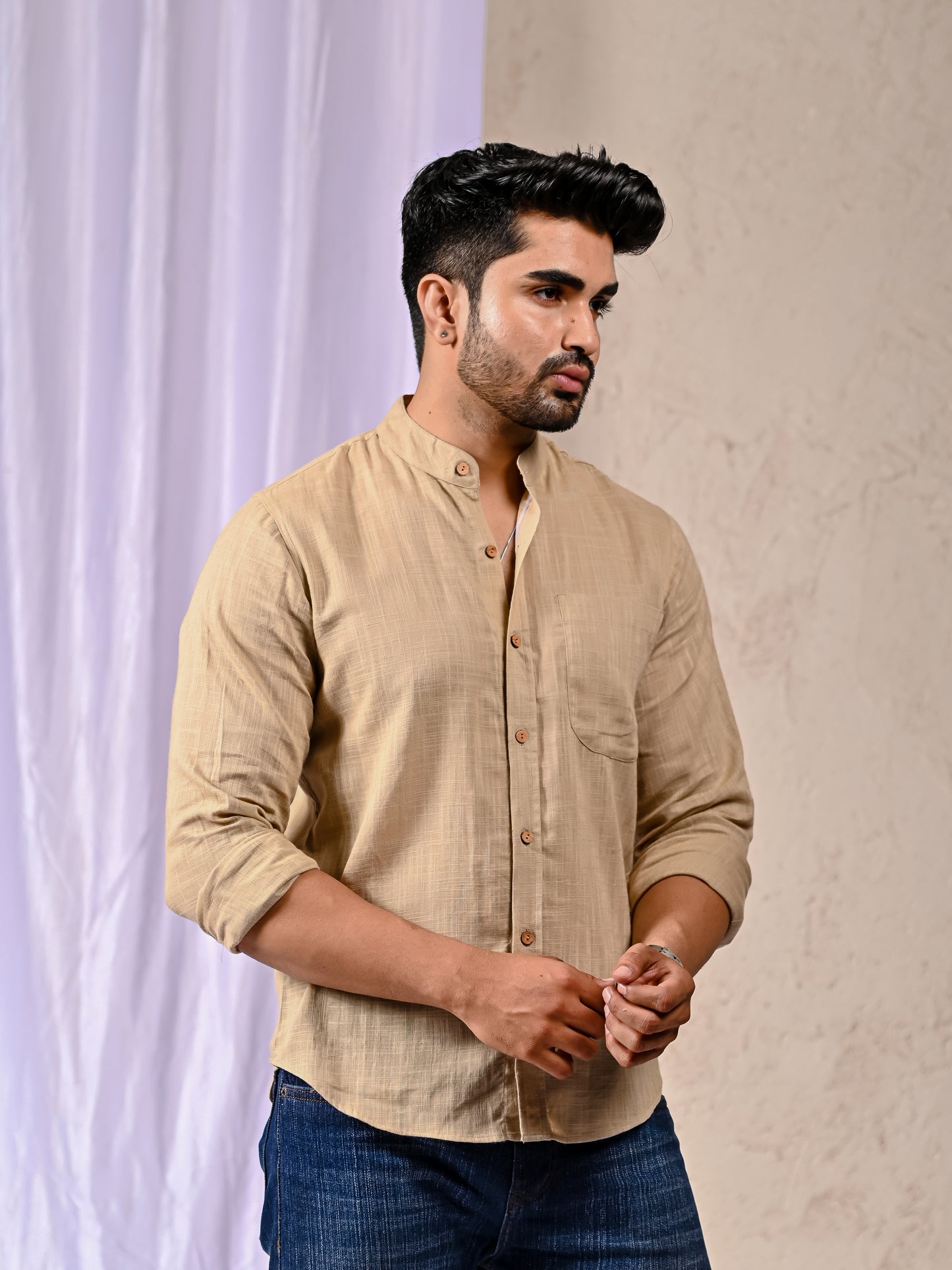 Beige Cotton Linen Regular Fit Casual Shirt (Full Sleeves)