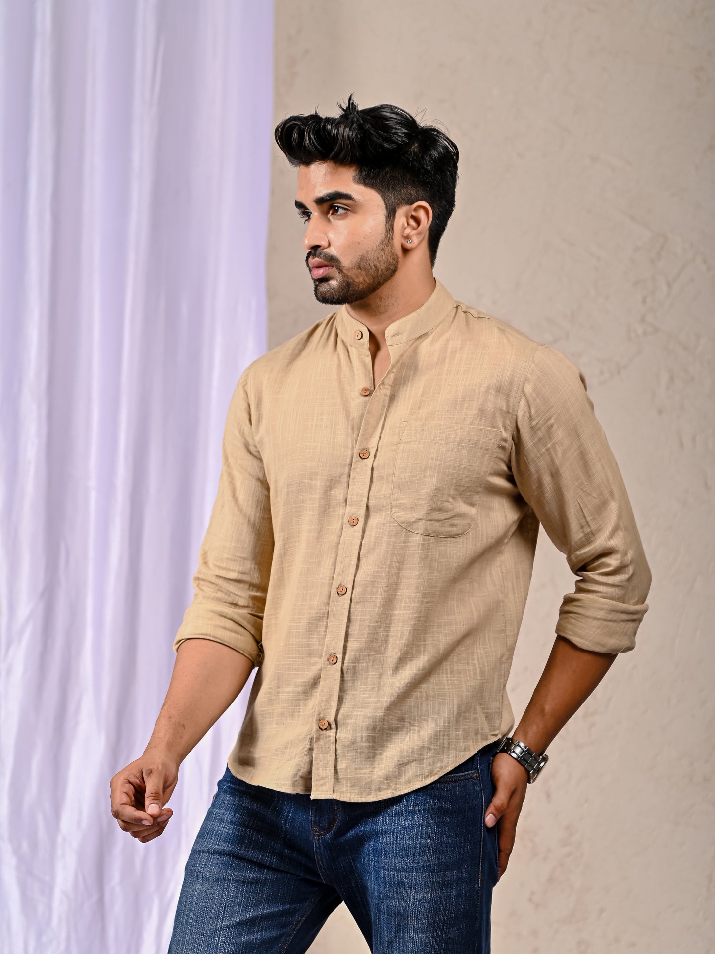 Beige Cotton Linen Regular Fit Casual Shirt (Full Sleeves)