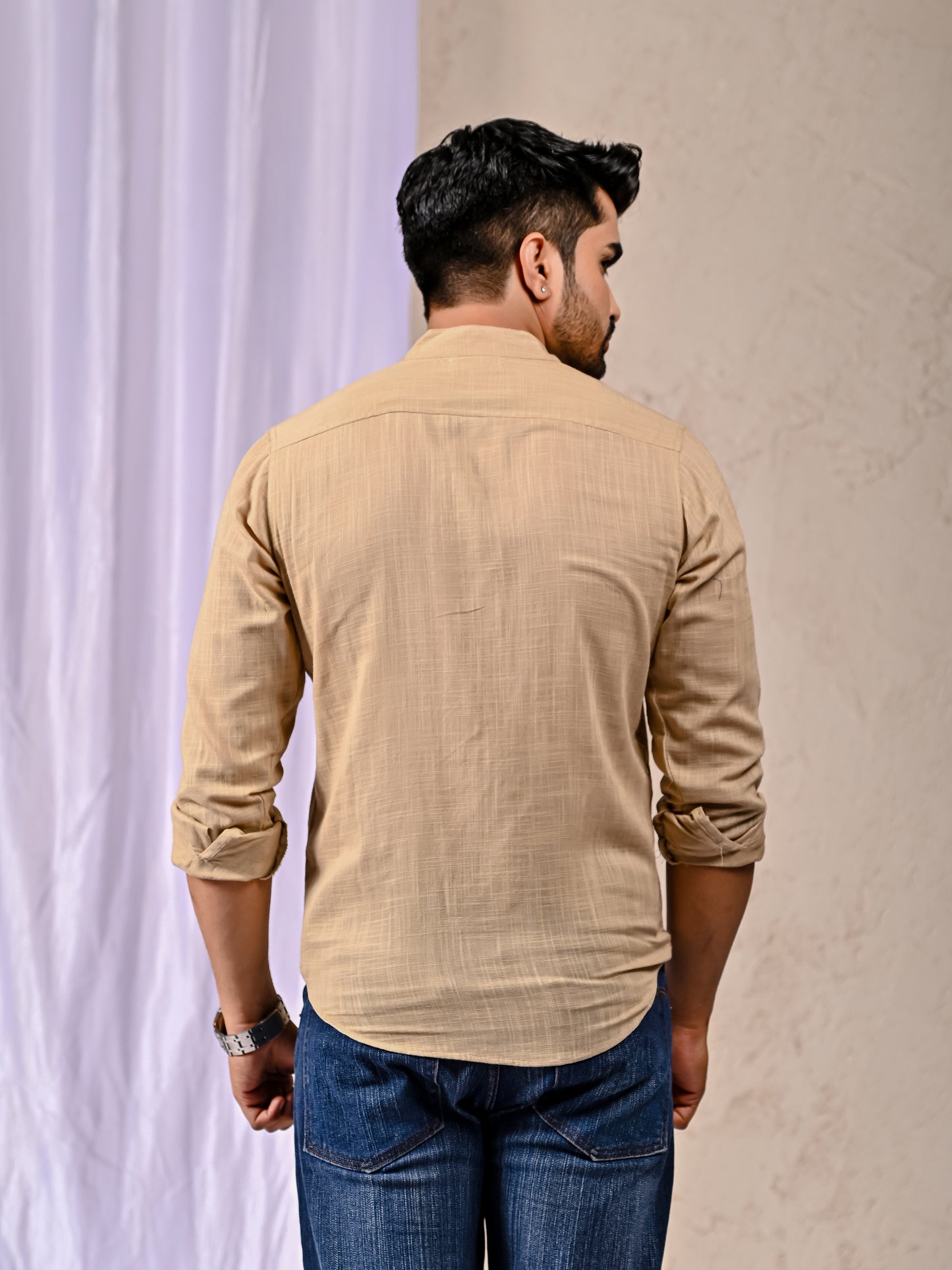 Beige Cotton Linen Regular Fit Casual Shirt (Full Sleeves)