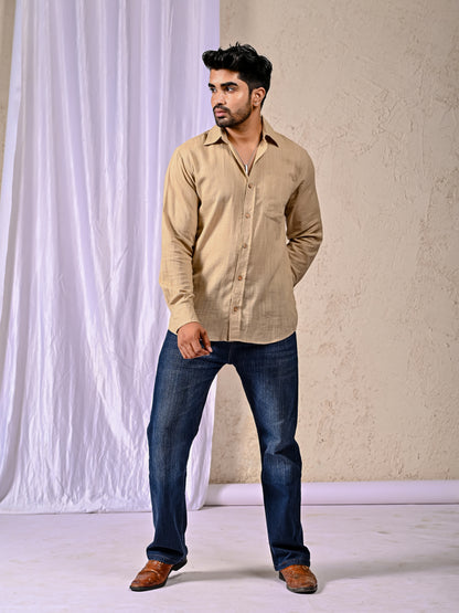 Beige Cotton Linen Regular Fit Casual Shirt (Full Sleeves)