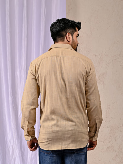 Beige Cotton Linen Regular Fit Casual Shirt (Full Sleeves)
