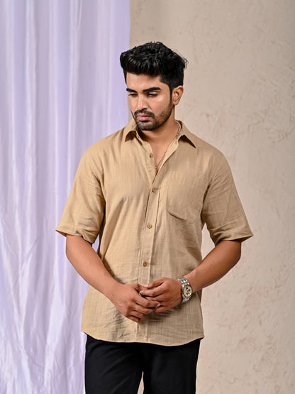 Beige Cotton Linen Regular Fit Casual Shirt (Half Sleeves)