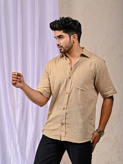 Beige Cotton Linen Regular Fit Casual Shirt (Half Sleeves)
