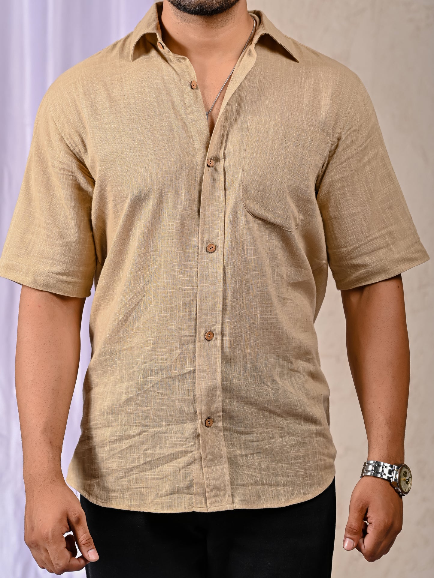Beige Cotton Linen Regular Fit Casual Shirt (Half Sleeves)