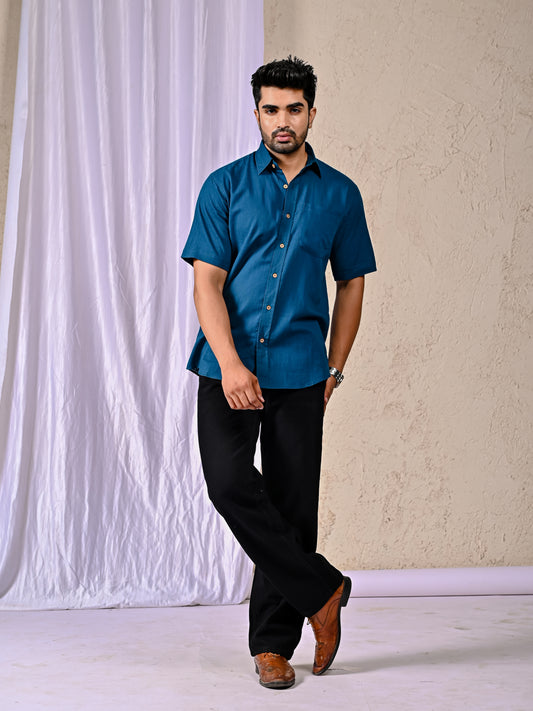 Peacock Blue Cotton Linen Regular Fit Casual Shirt (Half Sleeves)