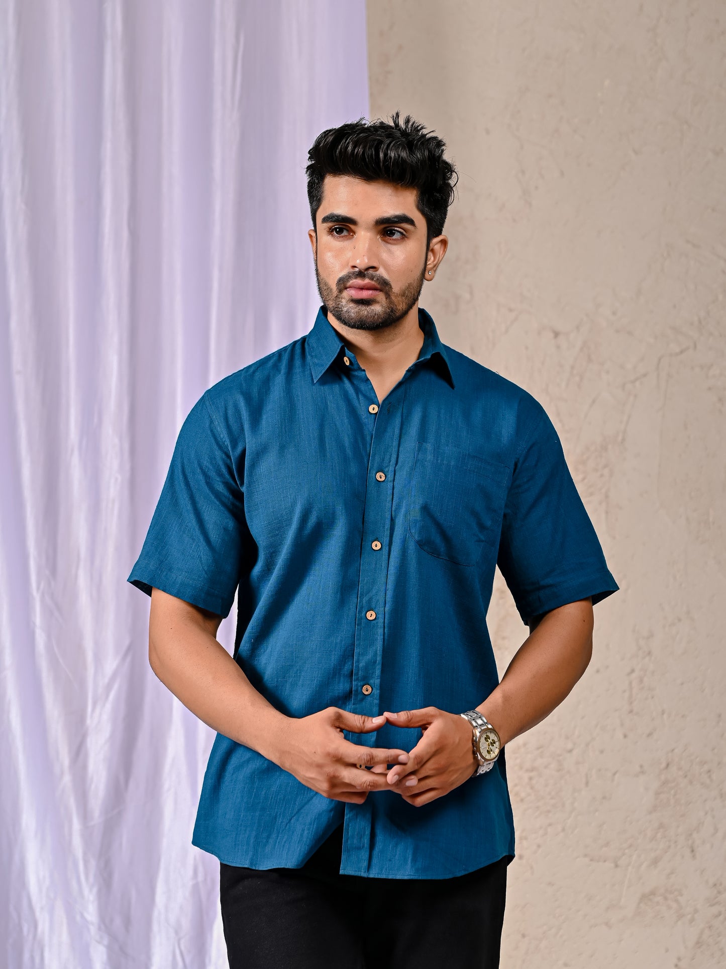 Peacock Blue Cotton Linen Regular Fit Casual Shirt (Half Sleeves)