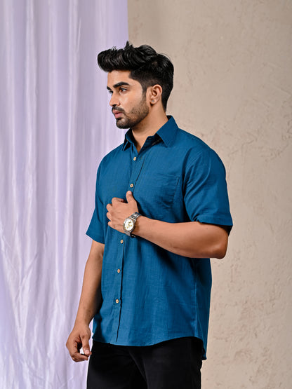 Peacock Blue Cotton Linen Regular Fit Casual Shirt (Half Sleeves)