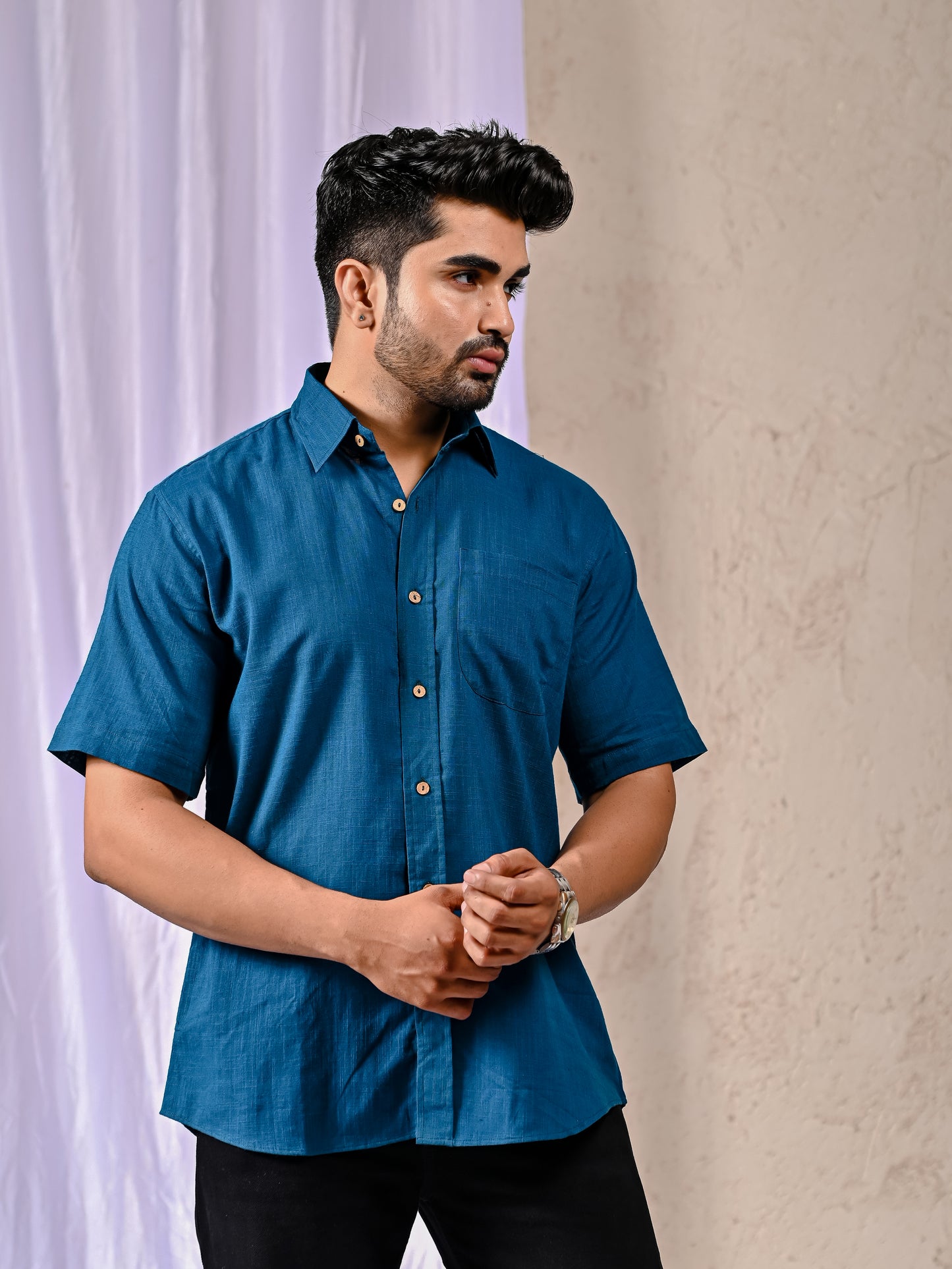 Peacock Blue Cotton Linen Regular Fit Casual Shirt (Half Sleeves)