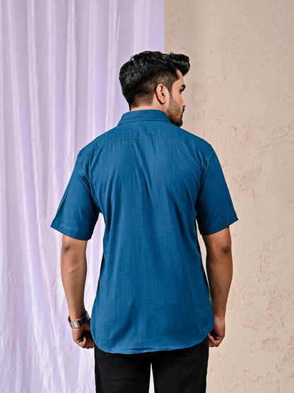 Peacock Blue Cotton Linen Regular Fit Casual Shirt (Half Sleeves)