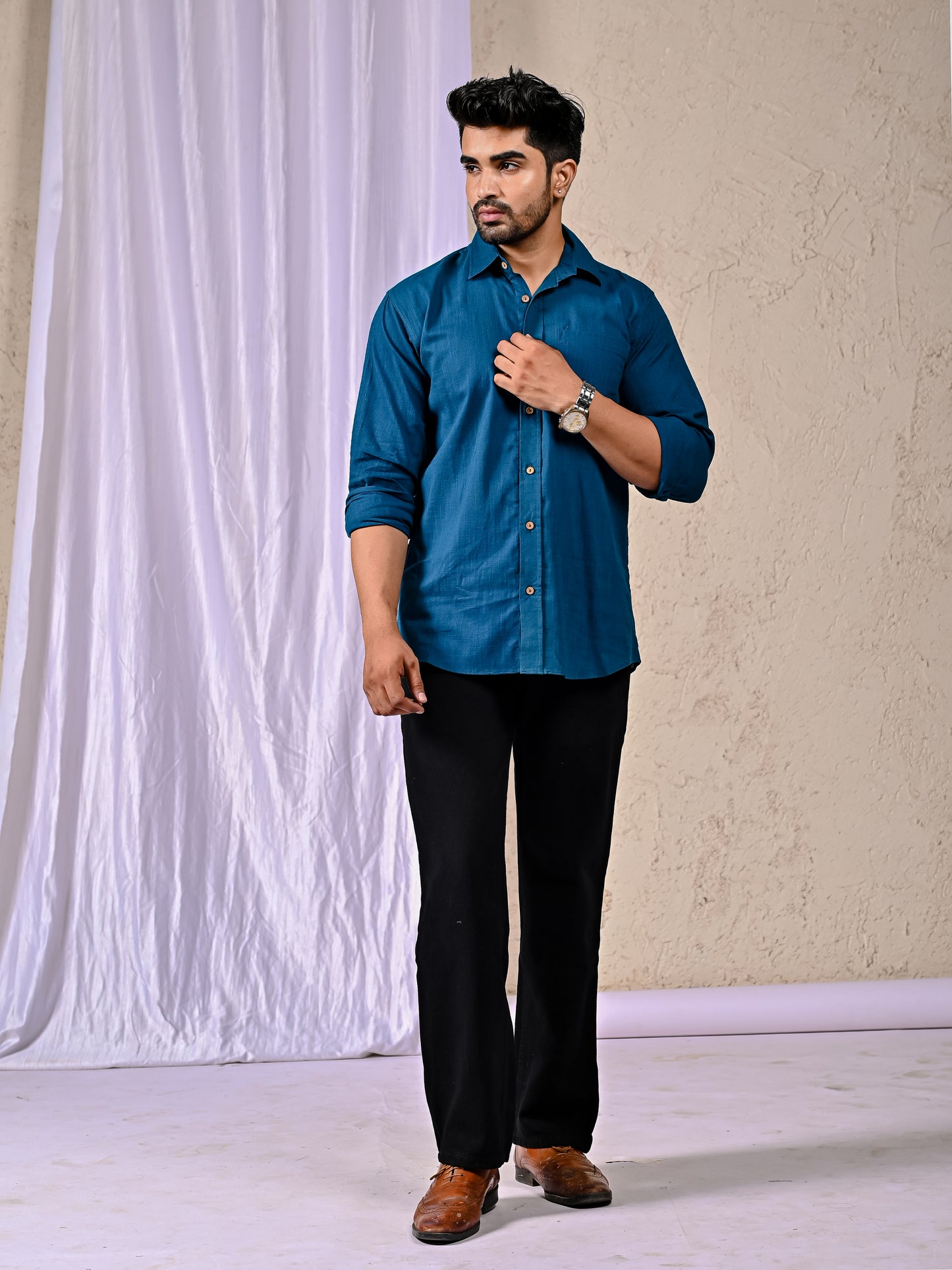 Peacock Blue Cotton Linen Regular Fit Casual Shirt (Full Sleeves)