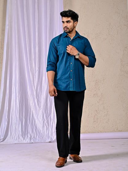 Peacock Blue Cotton Linen Regular Fit Casual Shirt (Full Sleeves)