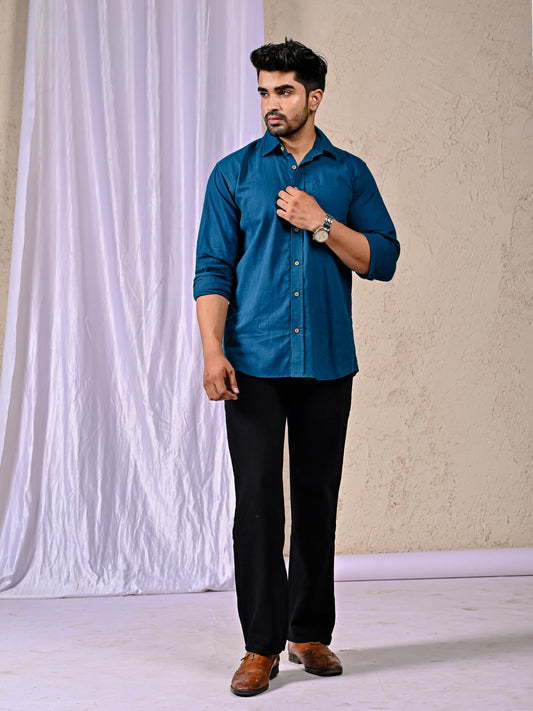 Peacock Blue Cotton Linen Regular Fit Casual Shirt (Full Sleeves)