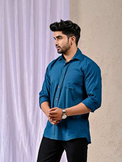 Peacock Blue Cotton Linen Regular Fit Casual Shirt (Full Sleeves)