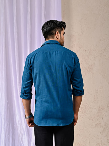 Peacock Blue Cotton Linen Regular Fit Casual Shirt (Full Sleeves)