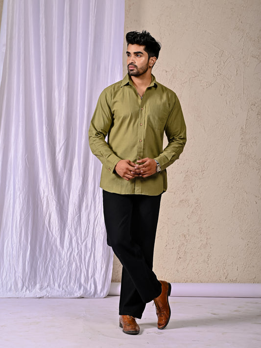 Olive Cotton Linen Regular Fit Casual Shirt (Full Sleeves)