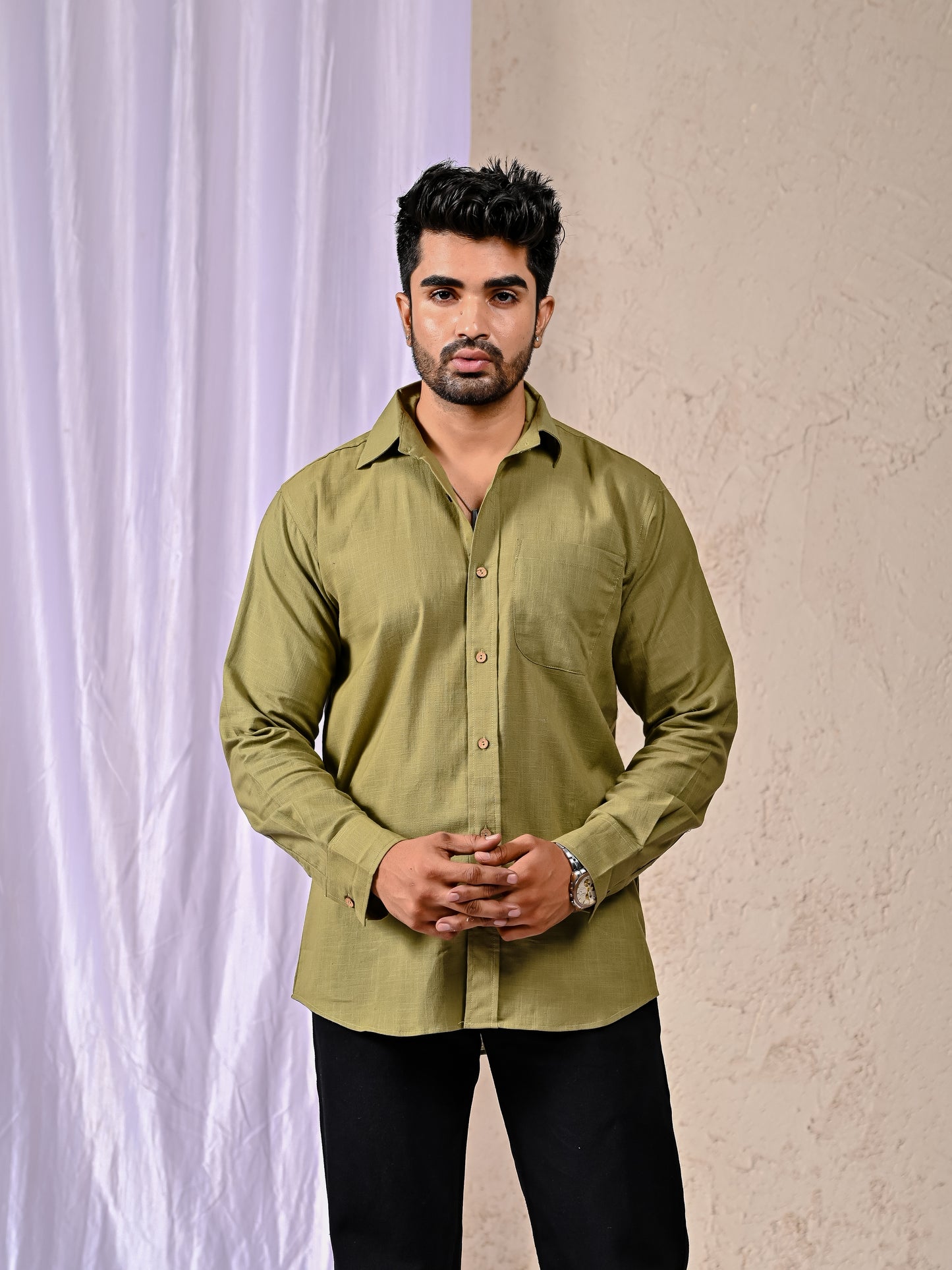 Olive Cotton Linen Regular Fit Casual Shirt (Full Sleeves)