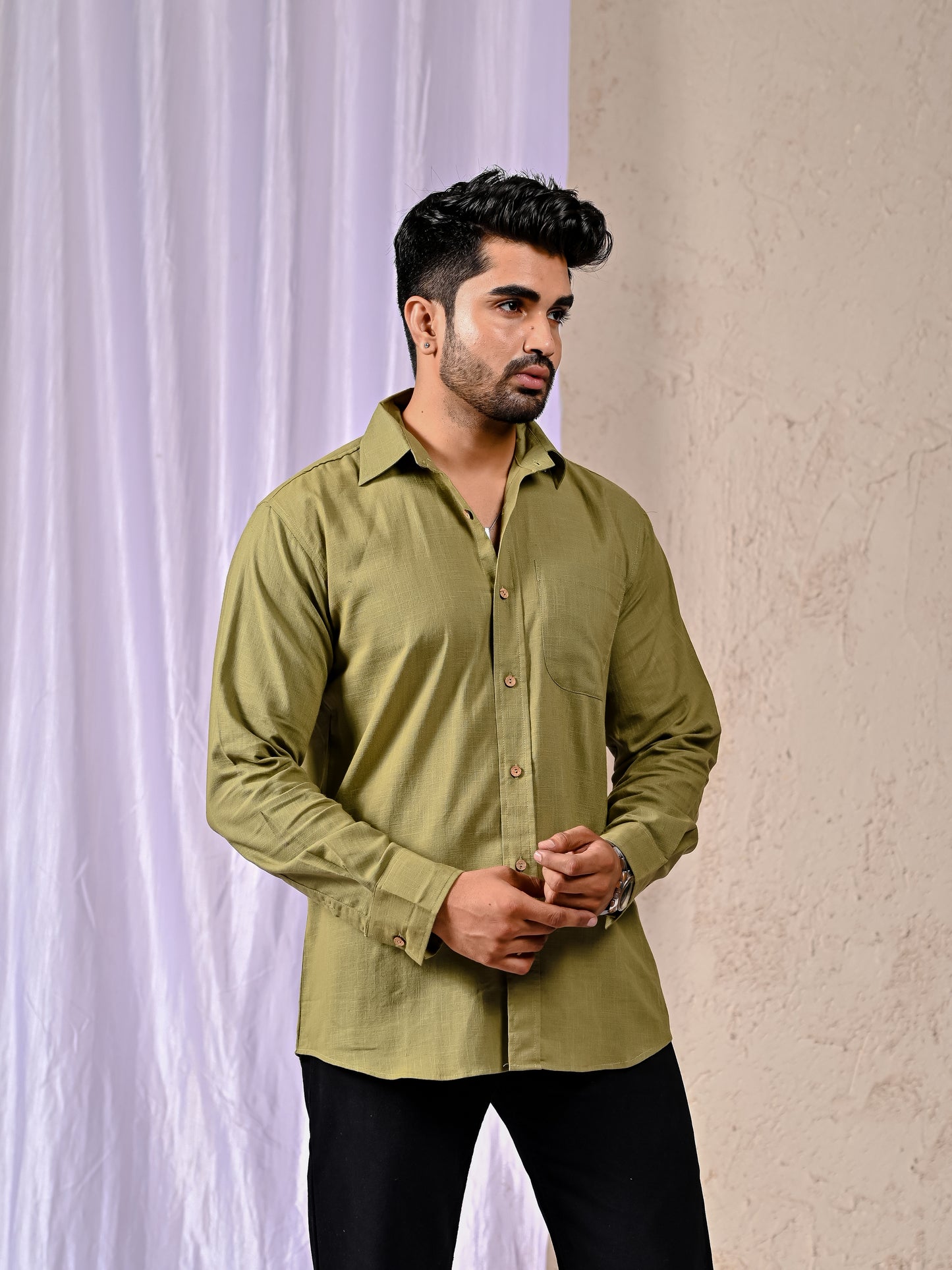 Olive Cotton Linen Regular Fit Casual Shirt (Full Sleeves)