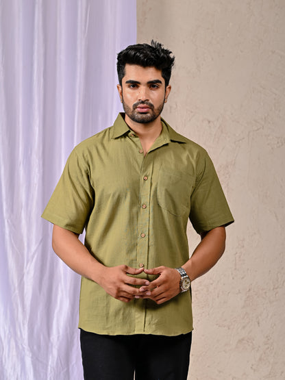 Olive Cotton Linen Regular Fit Casual Shirt (Half Sleeves)