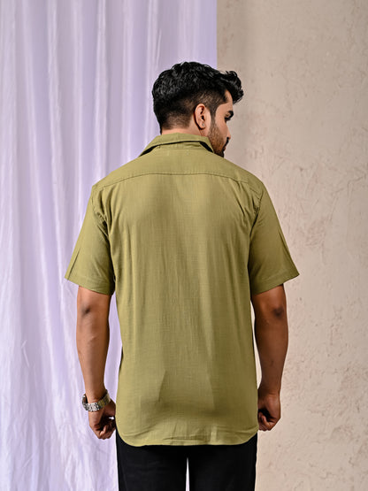 Olive Cotton Linen Regular Fit Casual Shirt (Half Sleeves)
