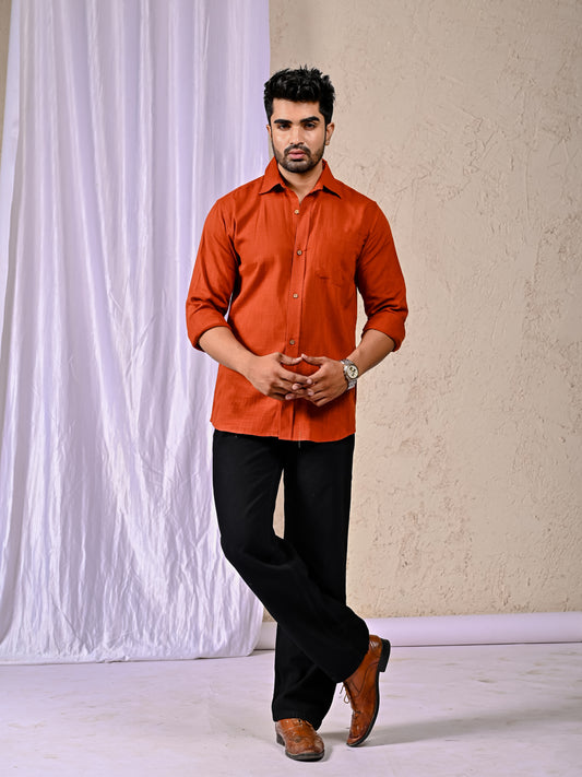 Rust Cotton Linen Regular Fit Casual Shirt (Full Sleeves)