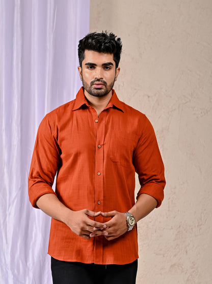 Rust Cotton Linen Regular Fit Casual Shirt (Full Sleeves)