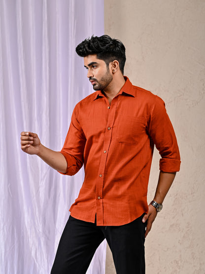 Rust Cotton Linen Regular Fit Casual Shirt (Full Sleeves)