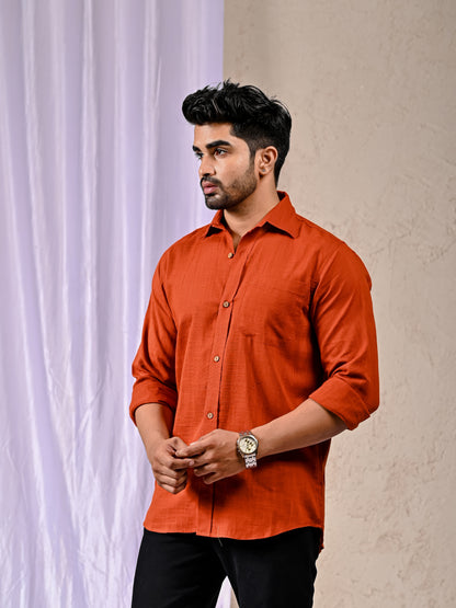 Rust Cotton Linen Regular Fit Casual Shirt (Full Sleeves)