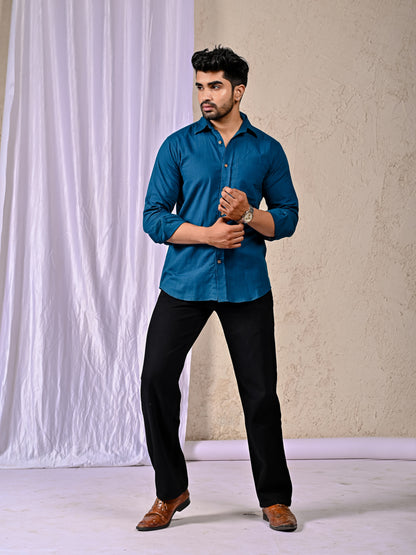 Peacock Blue Cotton Linen Regular Fit Casual Shirt (Full Sleeves)