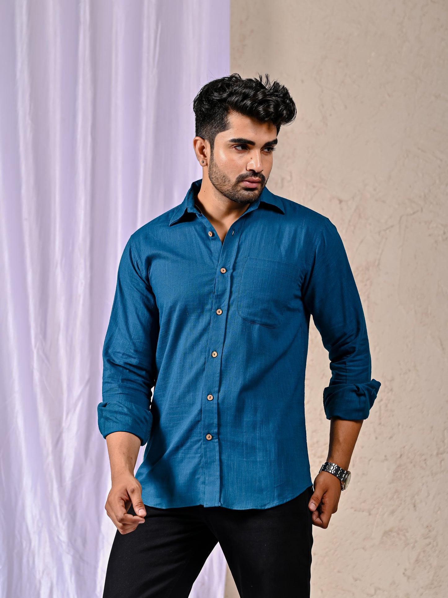 Peacock Blue Cotton Linen Regular Fit Casual Shirt (Full Sleeves)