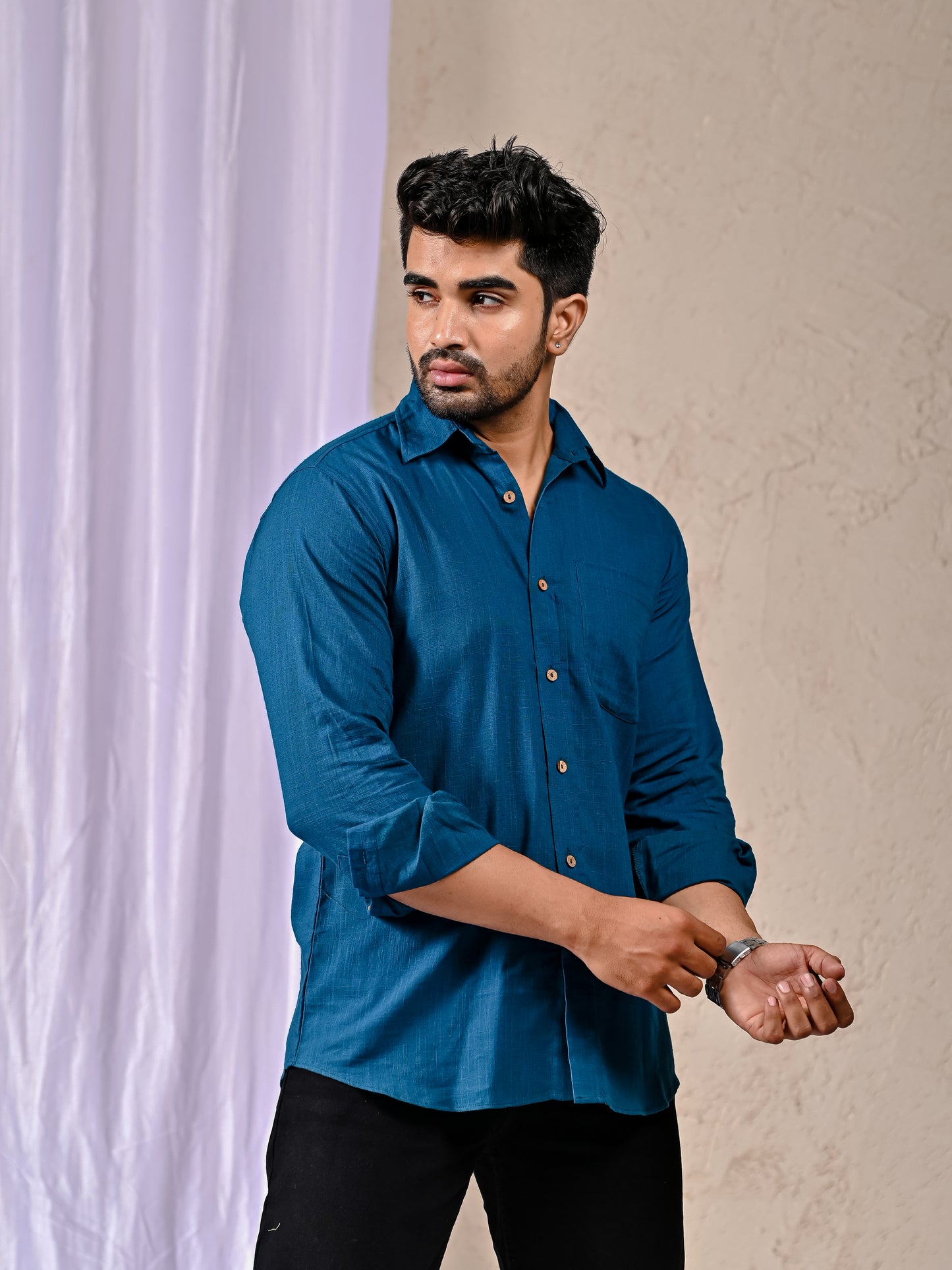 Peacock Blue Cotton Linen Regular Fit Casual Shirt (Full Sleeves)
