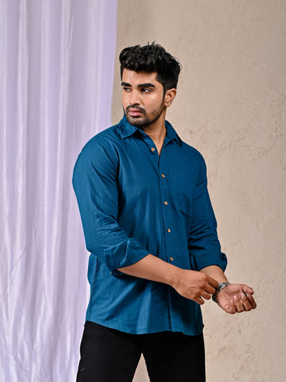 Peacock Blue Cotton Linen Regular Fit Casual Shirt (Full Sleeves)