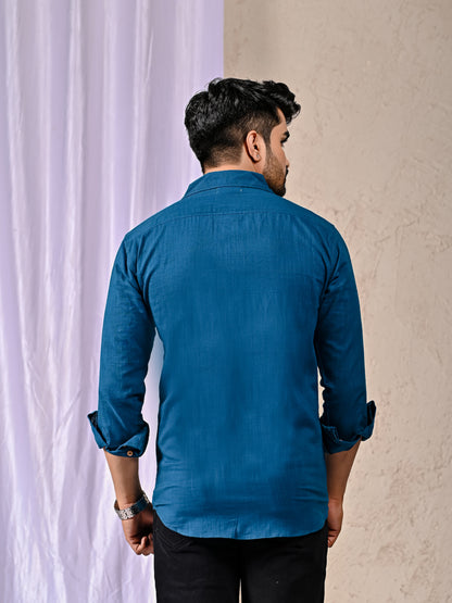 Peacock Blue Cotton Linen Regular Fit Casual Shirt (Full Sleeves)