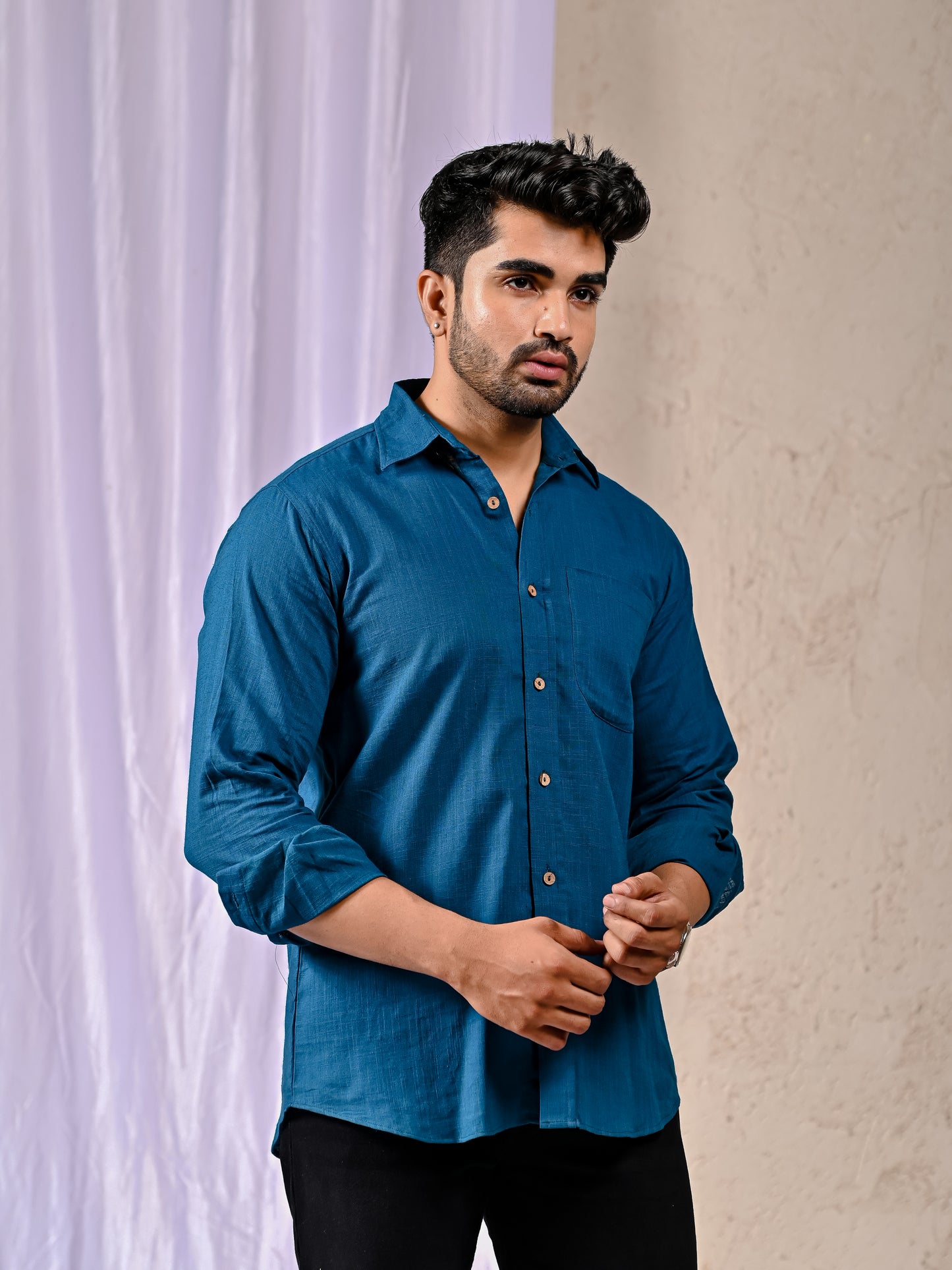 Peacock Blue Cotton Linen Regular Fit Casual Shirt (Full Sleeves)