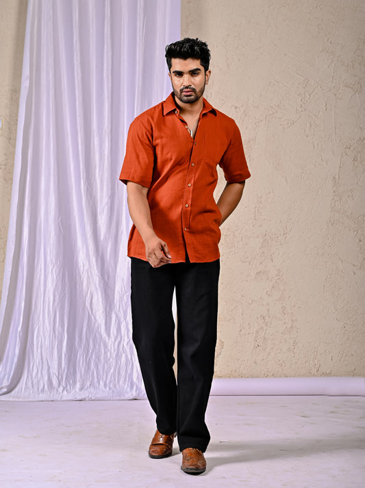 Rust Cotton Linen Regular Fit Casual Shirt (Half Sleeves)