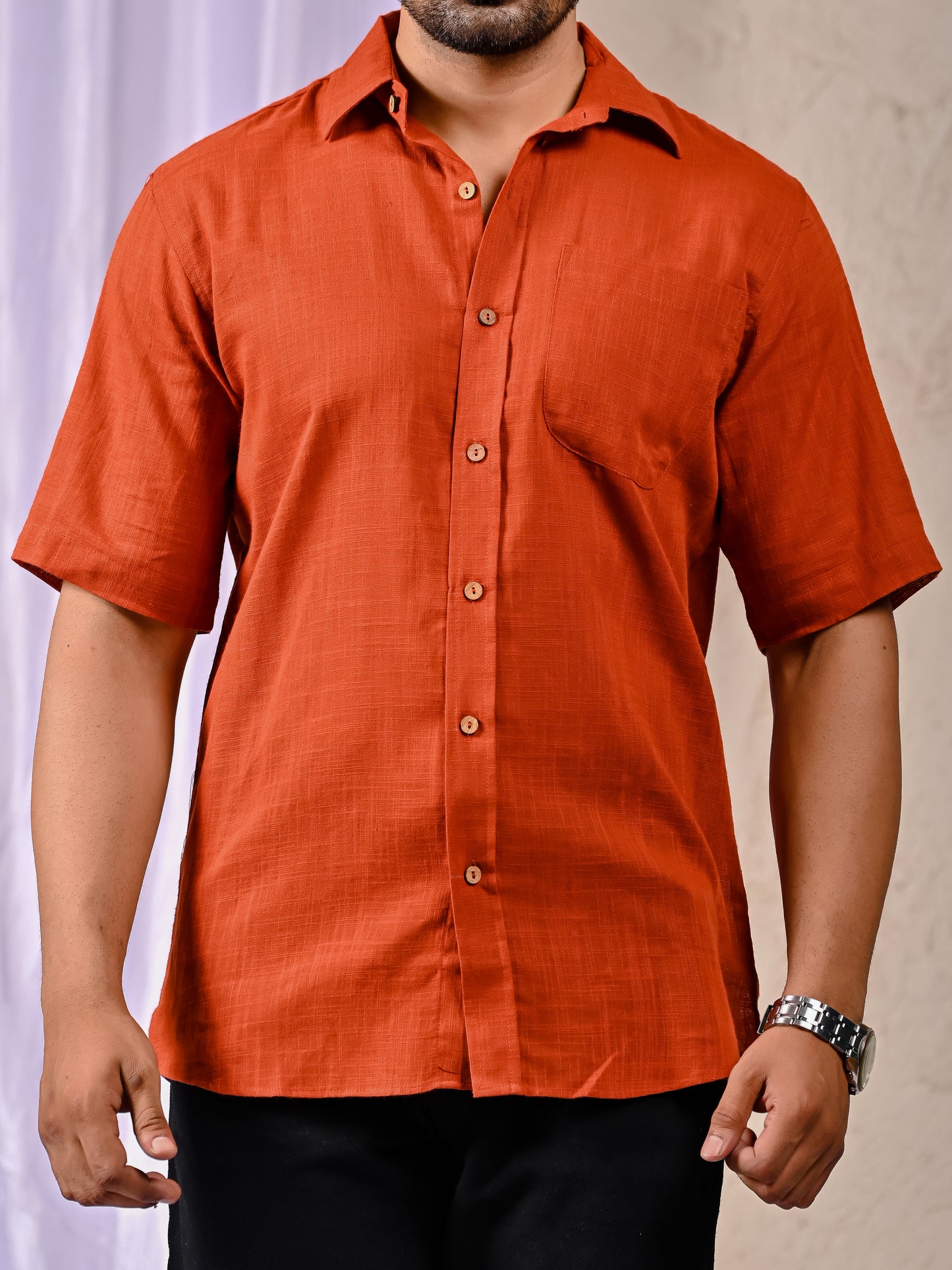 Rust Cotton Linen Regular Fit Casual Shirt (Half Sleeves)