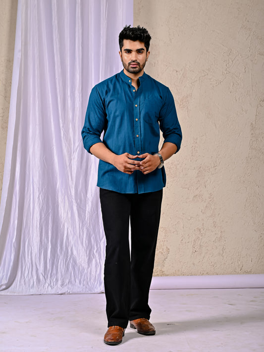 Peacock Blue Cotton Linen Regular Fit Casual Shirt (Full Sleeves)