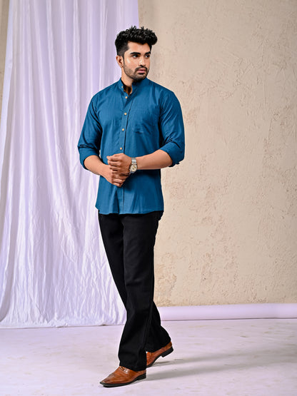 Peacock Blue Cotton Linen Regular Fit Casual Shirt (Full Sleeves)