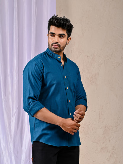 Peacock Blue Cotton Linen Regular Fit Casual Shirt (Full Sleeves)