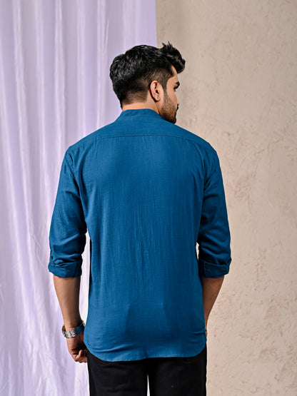 Peacock Blue Cotton Linen Regular Fit Casual Shirt (Full Sleeves)