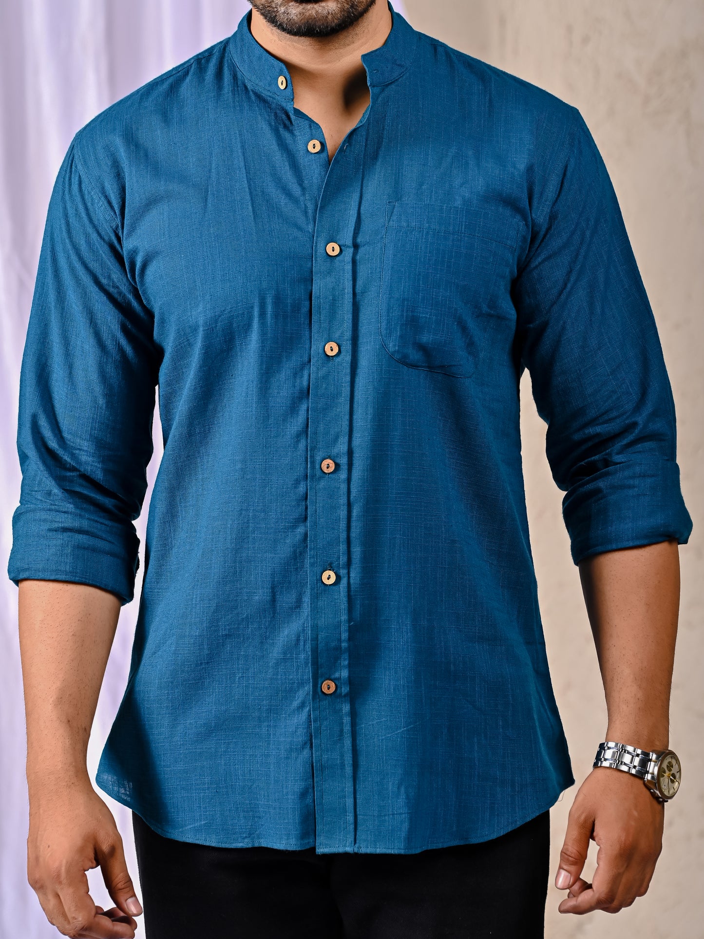 Peacock Blue Cotton Linen Regular Fit Casual Shirt (Full Sleeves)