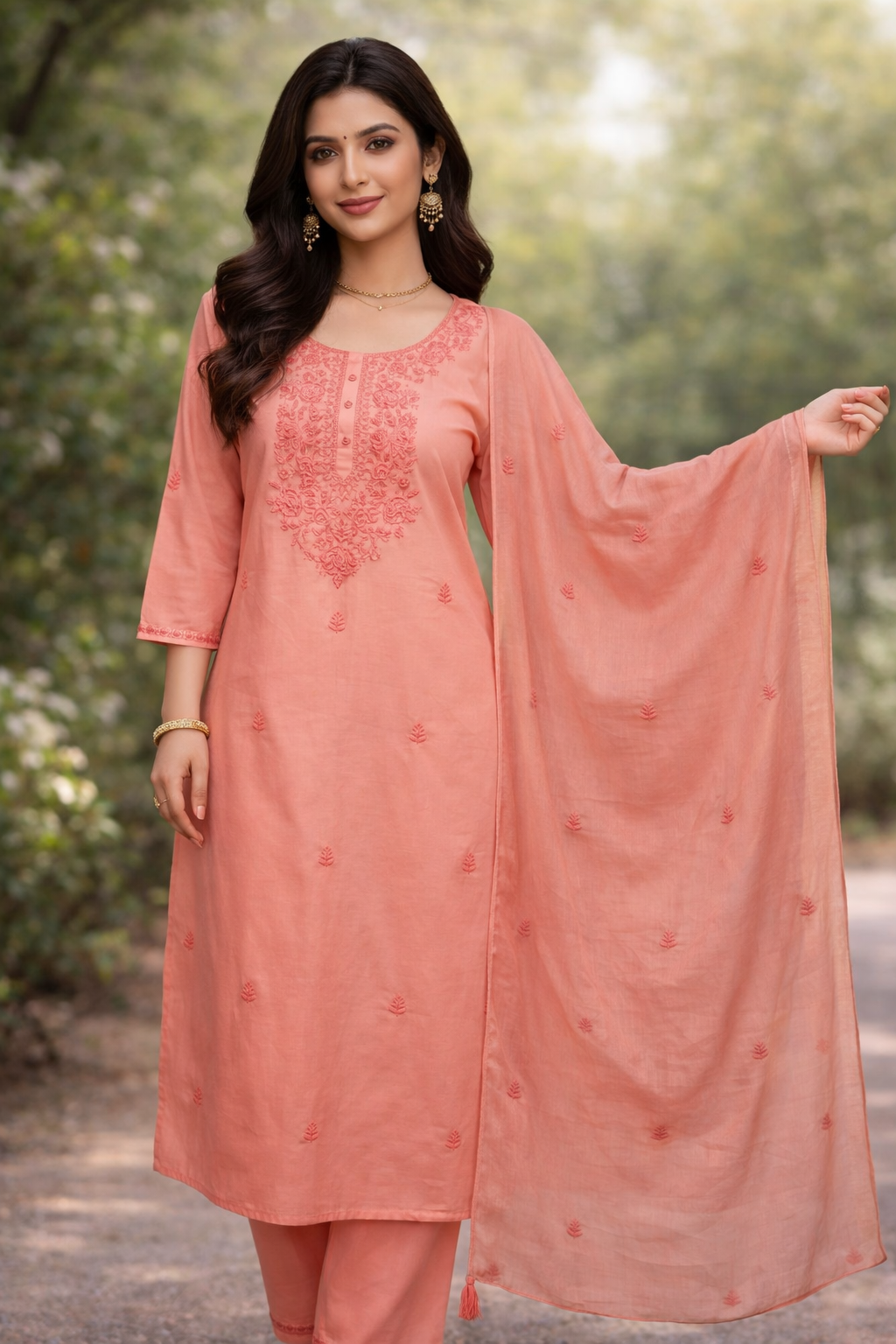 Peach Embroidered Cotton Kurta Pant Dupatta